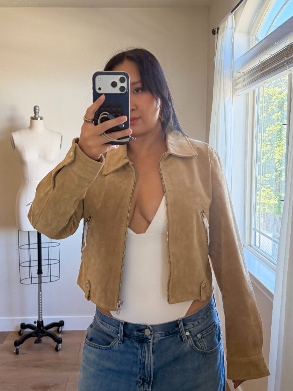 Blank NYC Suede Moto Jacket | Tan Nude Leather Bomber | Size Large | NWT - Picture 2 of 7
